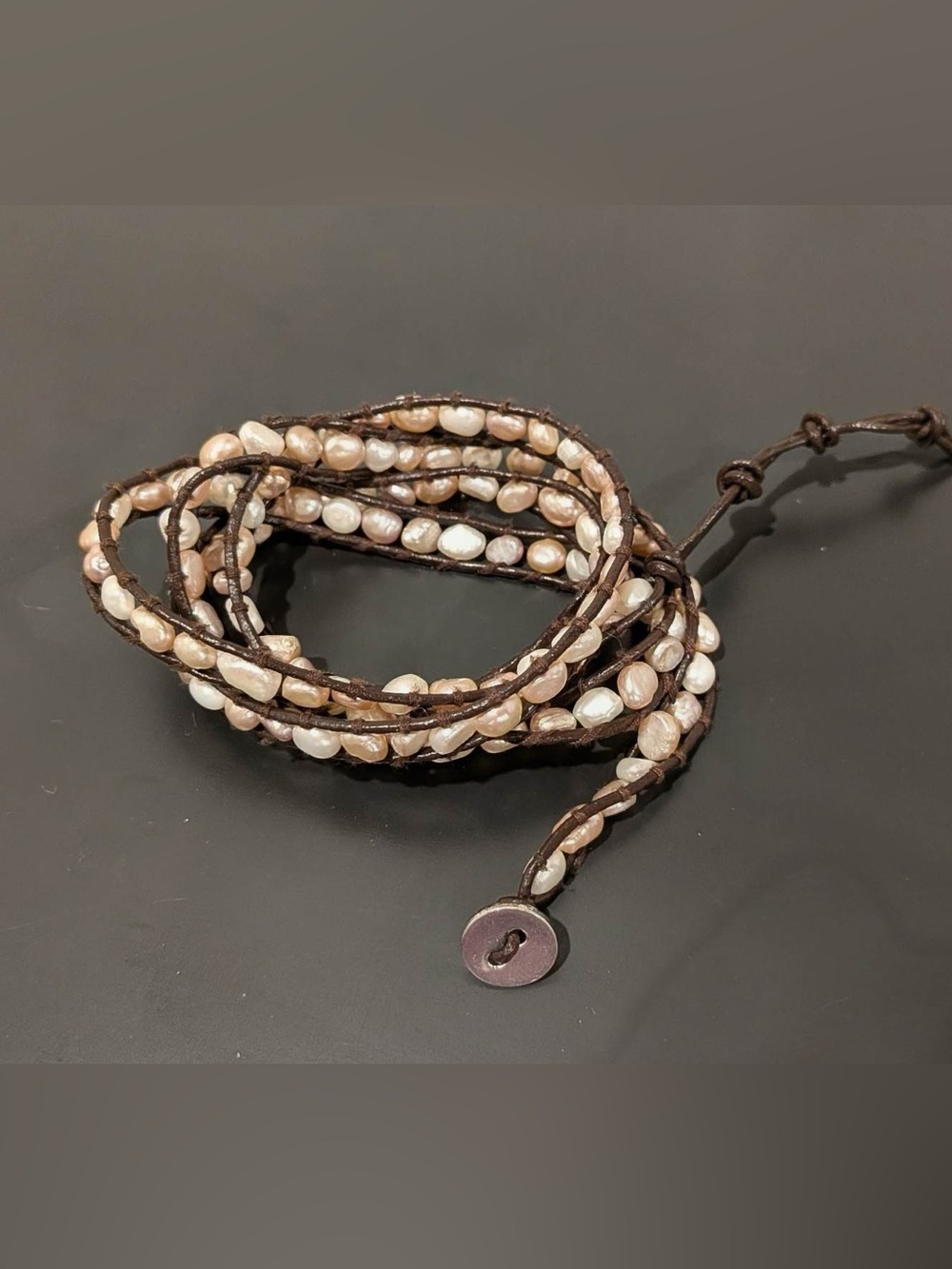 Freshwater Pearl Wrap Bracelet with Brown Leather